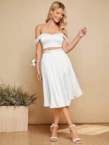 SHEIN Belle Off Shoulder Crop Top & Skirt Set - White - View 4