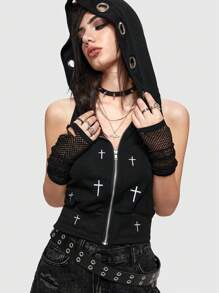 ROMWE Grunge Punk Sudaderas con capucha sin mangas de ojales de cremallera con estampado de cruz, góticas, para verano. - Negro - Ver 2