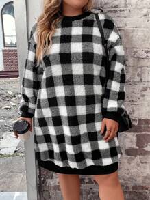 SHEIN LUNE Plus Buffalo Plaid Print Drop Shoulder Sweatshirt Dress - Black and White - View 1