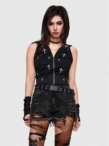 ROMWE Grunge Punk Sudaderas con capucha sin mangas de ojales de cremallera con estampado de cruz, góticas, para verano. - Negro - Ver 5