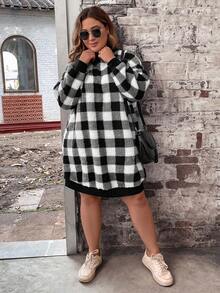 SHEIN LUNE Plus Buffalo Plaid Print Drop Shoulder Sweatshirt Dress - Black and White - View 7