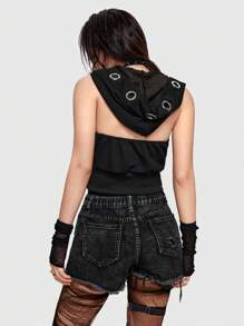 ROMWE Grunge Punk Sudaderas con capucha sin mangas de ojales de cremallera con estampado de cruz, góticas, para verano. - Negro - Ver 6