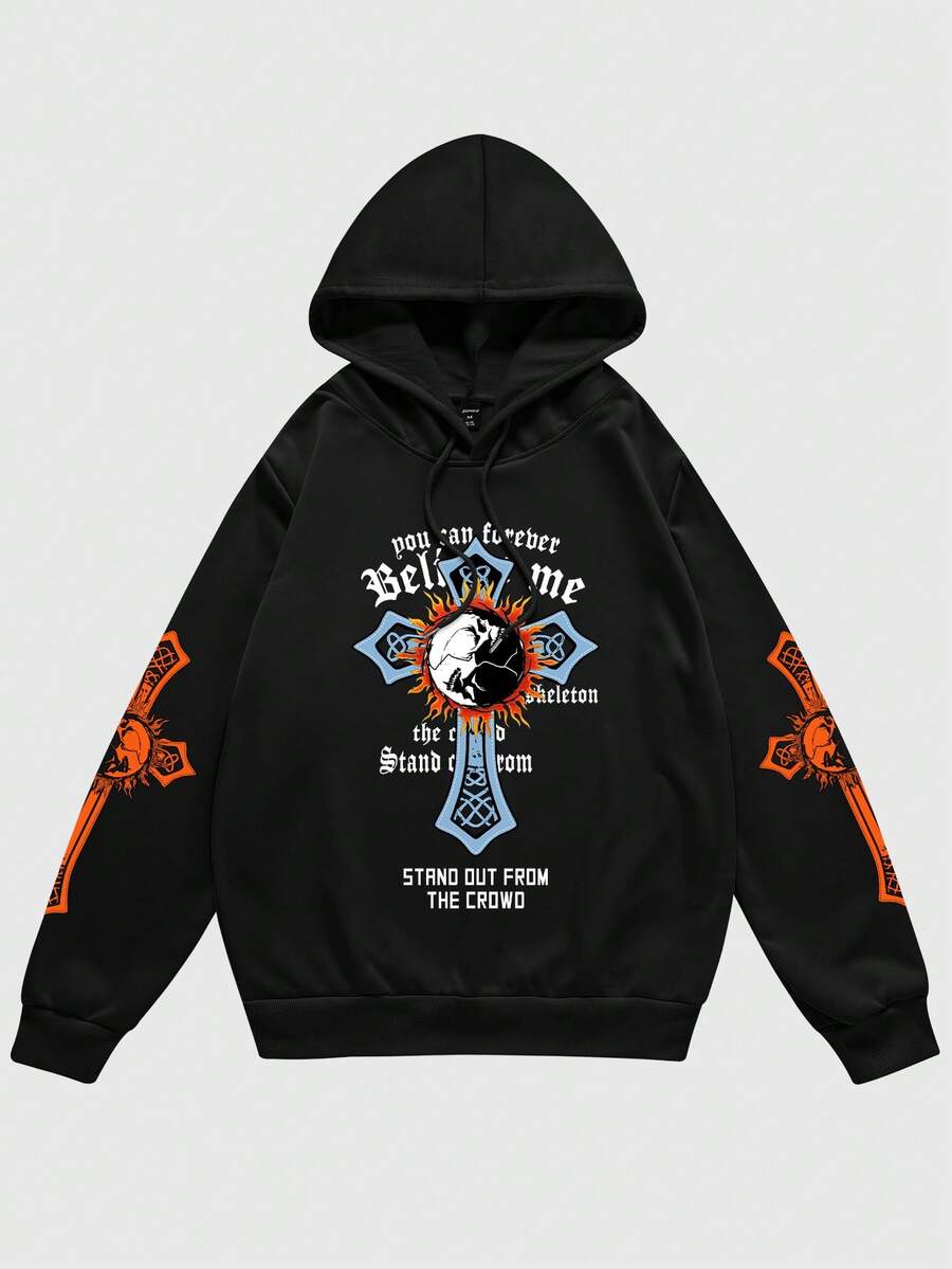 ROMWE MEN Grunge Punk Hombres Capucha cruzado & con estampado de slogan con cordón - Negro - Ver 1