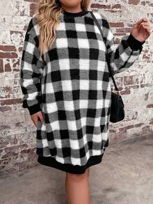 SHEIN LUNE Plus Buffalo Plaid Print Drop Shoulder Sweatshirt Dress - Black and White - View 4