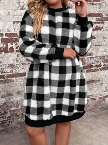 SHEIN LUNE Plus Buffalo Plaid Print Drop Shoulder Sweatshirt Dress - Black and White - View 5