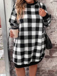 SHEIN LUNE Plus Buffalo Plaid Print Drop Shoulder Sweatshirt Dress - Black and White - View 6