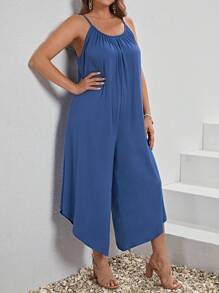 SHEIN LUNE 大碼素色不對稱下擺吊帶連體褲 - 藏蓝色 - 查看 4