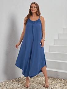 SHEIN LUNE 大碼素色不對稱下擺吊帶連體褲 - 藏蓝色 - 查看 6