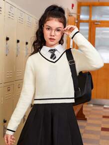 SHEIN Teen Girl Long-sleeve Color Block Pullover With V-neckline And Relaxed Fit - Beige - View 4