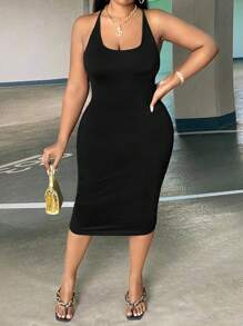 Slaydiva 大碼交叉露背褶邊緊身連衣裙 - 黑色 - 查看 2