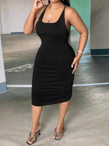 Slaydiva 大碼交叉露背褶邊緊身連衣裙 - 黑色 - 查看 3