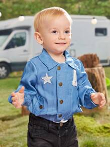 SHEIN 男嬰秋季休閒時尚街頭風格趣味印花標籤領長袖夾克 - 藍色 - 查看 7