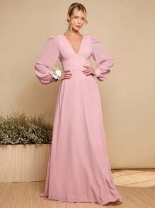 SHEIN Belle 深 V 领灯笼袖系带露背连衣裙 - 粉色 - 查看 1