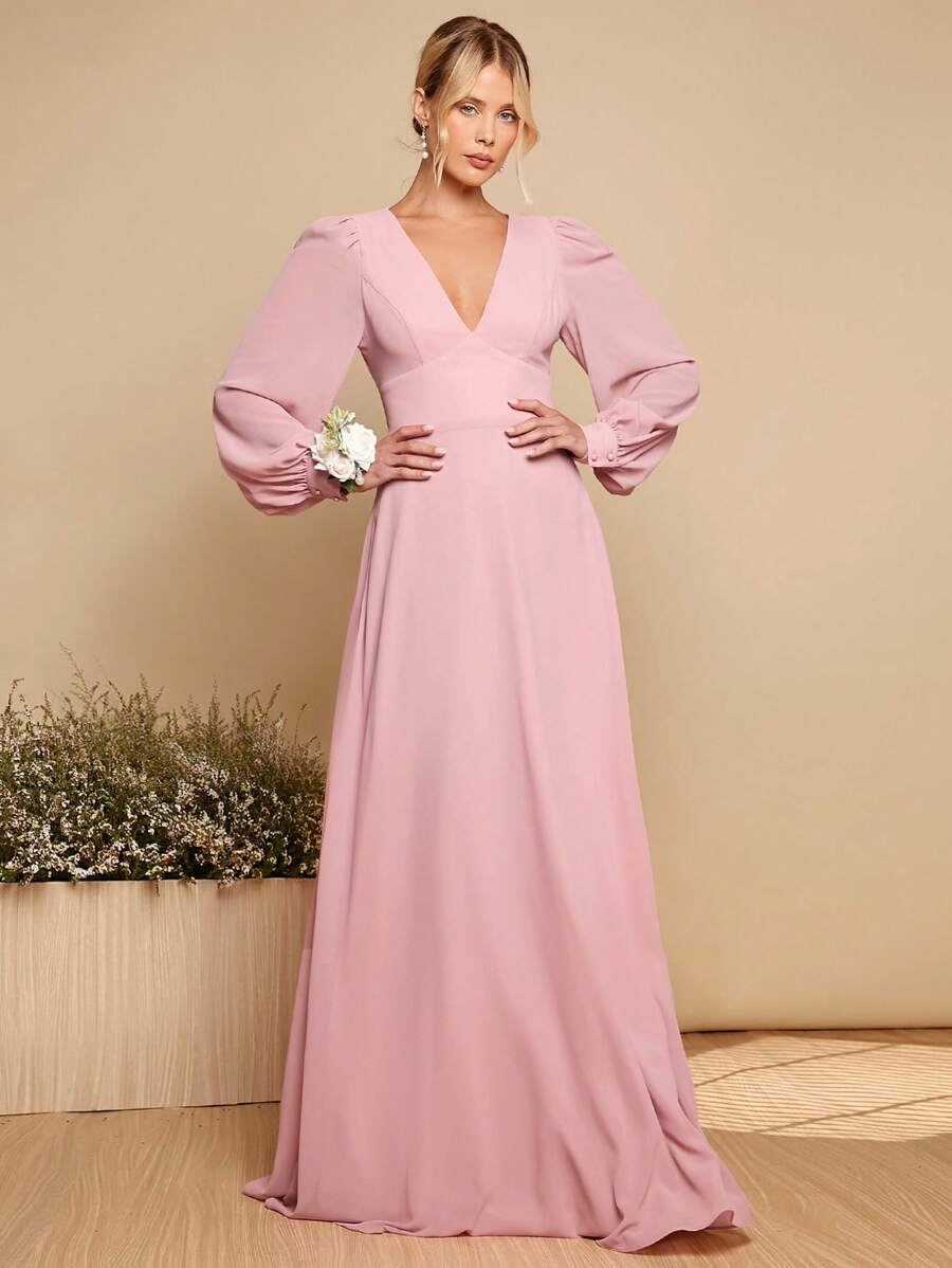 SHEIN Belle 深 V 领灯笼袖系带露背连衣裙 - 粉色 - 查看 1