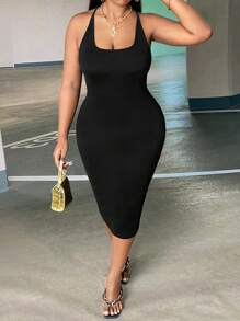 Slaydiva 大碼交叉露背褶邊緊身連衣裙 - 黑色 - 查看 4