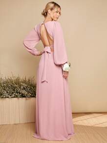 SHEIN Belle 深 V 领灯笼袖系带露背连衣裙 - 粉色 - 查看 2