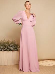 SHEIN Belle 深 V 领灯笼袖系带露背连衣裙 - 粉色 - 查看 3