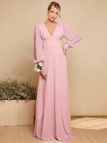 SHEIN Belle 深 V 领灯笼袖系带露背连衣裙 - 粉色 - 查看 4