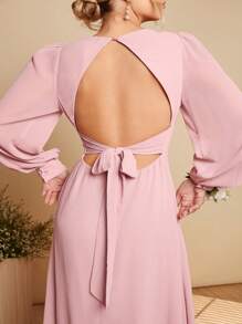 SHEIN Belle 深 V 领灯笼袖系带露背连衣裙 - 粉色 - 查看 5