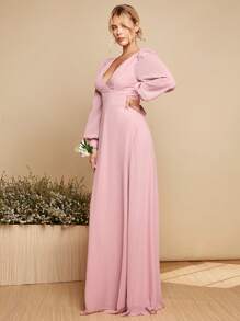 SHEIN Belle 深 V 领灯笼袖系带露背连衣裙 - 粉色 - 查看 6