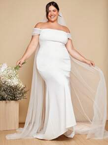 SHEIN Belle Plus 1pc Off Shoulder Contrast Mesh Mermaid Hem Wedding Dress Without Veil - White - View 4