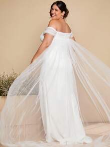SHEIN Belle Plus 1pc Off Shoulder Contrast Mesh Mermaid Hem Wedding Dress Without Veil - White - View 5