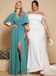 SHEIN Belle Plus 1pc Off Shoulder Contrast Mesh Mermaid Hem Wedding Dress Without Veil - White - View 6