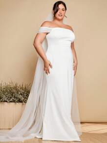 SHEIN Belle Plus 1pc Off Shoulder Contrast Mesh Mermaid Hem Wedding Dress Without Veil - White - View 7