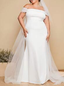 SHEIN Belle Plus 1pc Off Shoulder Contrast Mesh Mermaid Hem Wedding Dress Without Veil - White - View 3