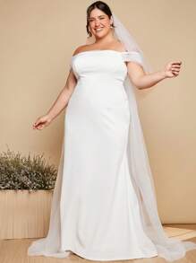 SHEIN Belle Plus 1pc Off Shoulder Contrast Mesh Mermaid Hem Wedding Dress Without Veil - White - View 8
