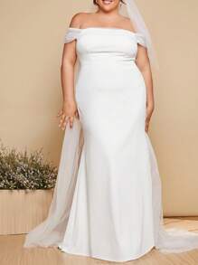 SHEIN Belle Plus 1pc Off Shoulder Contrast Mesh Mermaid Hem Wedding Dress Without Veil - White - View 2