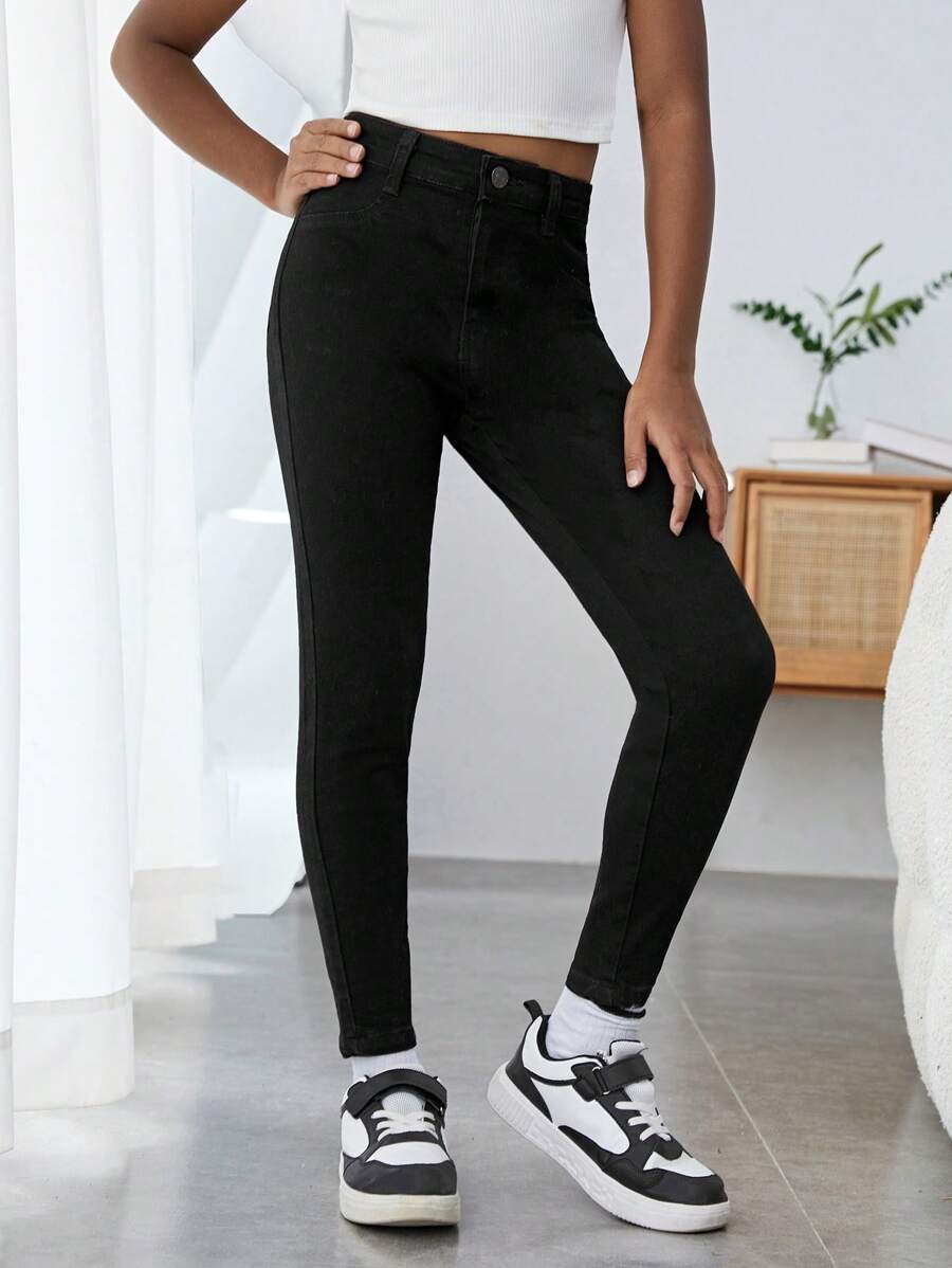 Tween 女孩高腰牛仔褲 - 黑色 - 查看 1