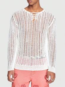 ROMWE MEN ROMWE Avant 男士前繫帶網眼針織套頭毛衣 - 白色 - 查看 2