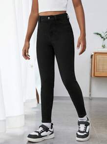 Tween 女孩高腰牛仔褲 - 黑色 - 查看 4