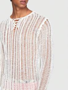 ROMWE MEN ROMWE Avant 男士前繫帶網眼針織套頭毛衣 - 白色 - 查看 5