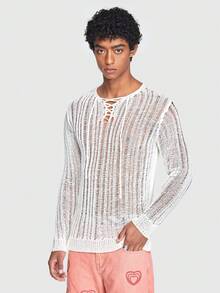 ROMWE MEN ROMWE Avant 男士前繫帶網眼針織套頭毛衣 - 白色 - 查看 6