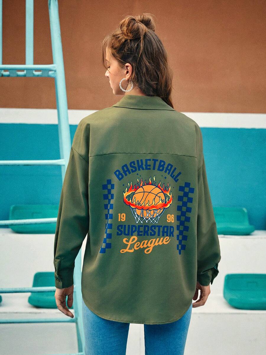 Sobokeboon 1 Miếng Đồ họa Chữ cái Thả vai Áo sơ mi - xanh quân đội - Xem 1