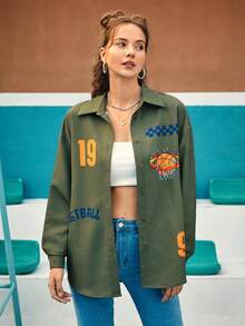 Sobokeboon 1 Miếng Đồ họa Chữ cái Thả vai Áo sơ mi - xanh quân đội - Xem 4