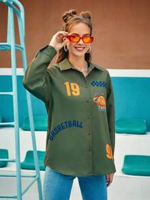 Sobokeboon 1 Miếng Đồ họa Chữ cái Thả vai Áo sơ mi - xanh quân đội - Xem 6