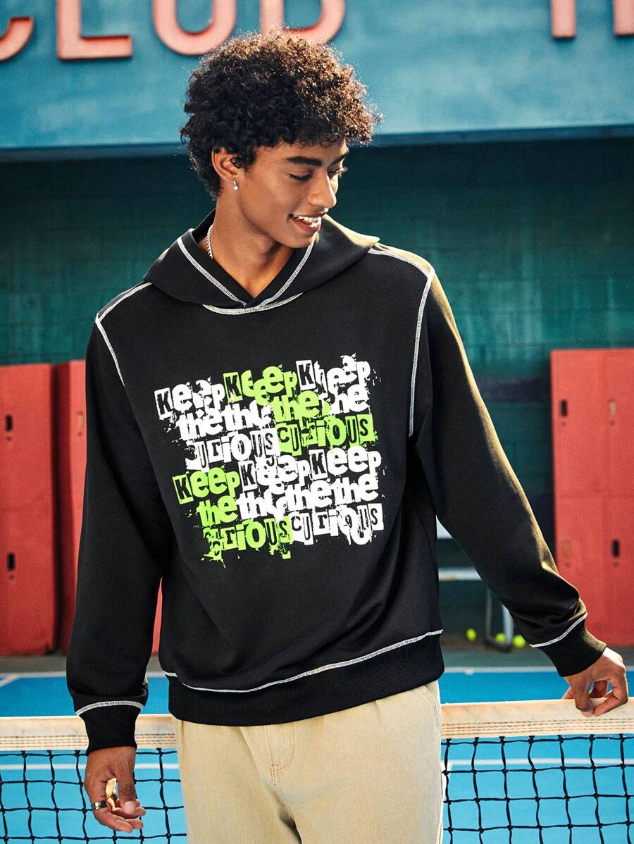 Gumgfx Men Letter Graphic Top-stitching Hoodie - Black - View 1