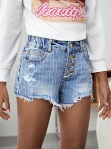 Tween Girl Ripped Raw Hem Button Fly Denim Shorts - Light Wash - View 1