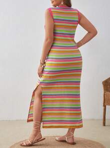 SHEIN VCAY Talla grande Vestido de rayas de muslo con abertura - Multicolor - Ver 2