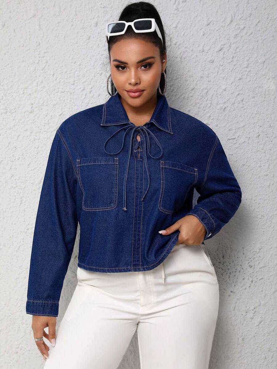 SHEIN EZwear Plus Knot Front Pocket Patched Denim Blouse - Dark Wash - View 1