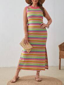 SHEIN VCAY Talla grande Vestido de rayas de muslo con abertura - Multicolor - Ver 4