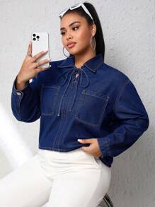SHEIN EZwear Plus Knot Front Pocket Patched Denim Blouse - Dark Wash - View 3