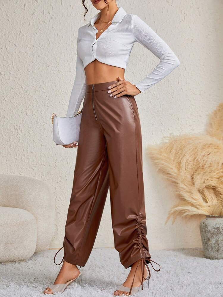 Drawstring Side PU Leather Pants