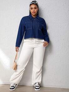 SHEIN EZwear Plus Knot Front Pocket Patched Denim Blouse - Dark Wash - View 6