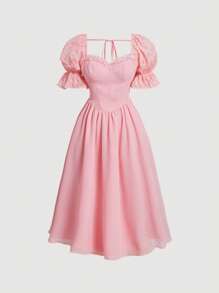 SHEIN MOD Contrast Lace Puff Sleeve Dress - Baby Pink - View 1