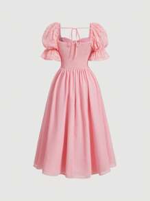 SHEIN MOD Contrast Lace Puff Sleeve Dress - Baby Pink - View 2