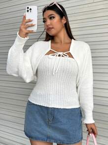 SHEIN EZwear Plus Batwing Sleeve Shrug Cardigan & Tube Knit Top - White - View 1
